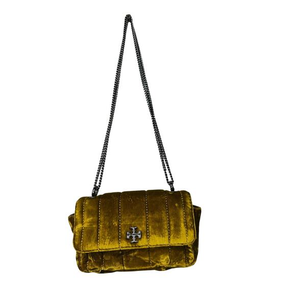 TORY BURCH Gold Velvet Clutch Flap Closure Attached Strap Mini Bag - Picture 3 of 16